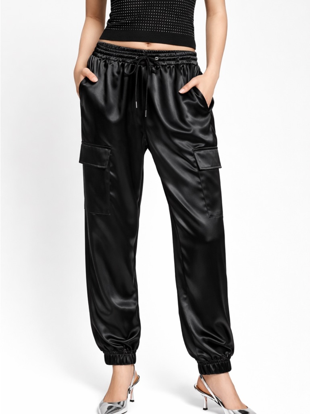 GUESS Black Satin Cargo Joggers NWOT High Rise Drawstring Pants L